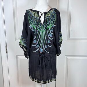 Metropark Boho Embroidered Peacock Tunic Dress Festival Resort Rayon Small Artsy